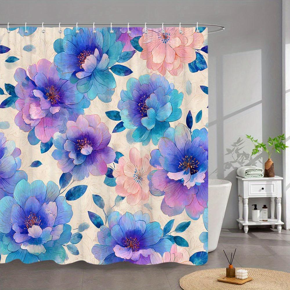 

1pc Vibrant Watercolor Floral Shower Curtain - Vintage Botanical Design with Blue Purple Pink Peach Flowers & Dark Blue Leaves 90x180cm