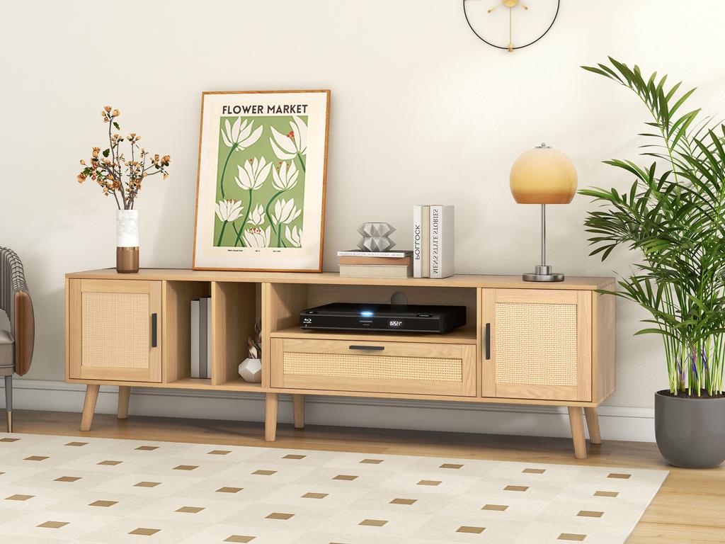 Spacious 180 Cm TV Cabinet with Rattan Decoration, 2 Doors and One Drawer, Solid Wood Legs, Provides Space for an 80-Inch TV, TV Storage Cabinet