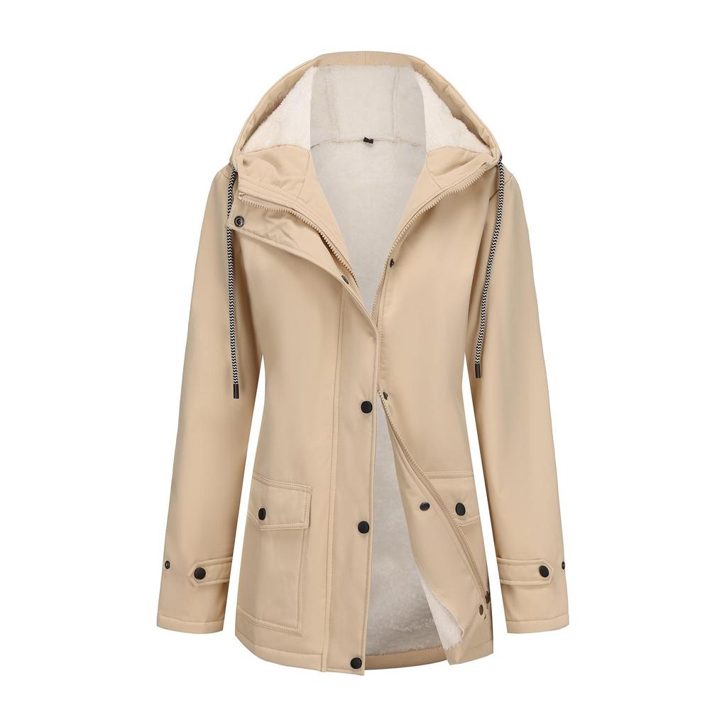 Women’s Trenches Hooded Windbreakers Long Sleeves Fleece Coats Water-resistant Zipper Jackets Autumn Winter Outer Wear