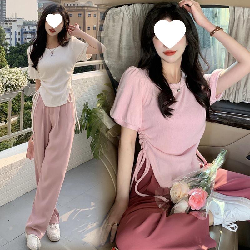Completo Casual Estivo da Ragazza Calda Donna con Coulisse Maglietta Puff a Maniche Corte Donna + Pantaloni a Gamba Larga Set Due Pezzi alla Moda