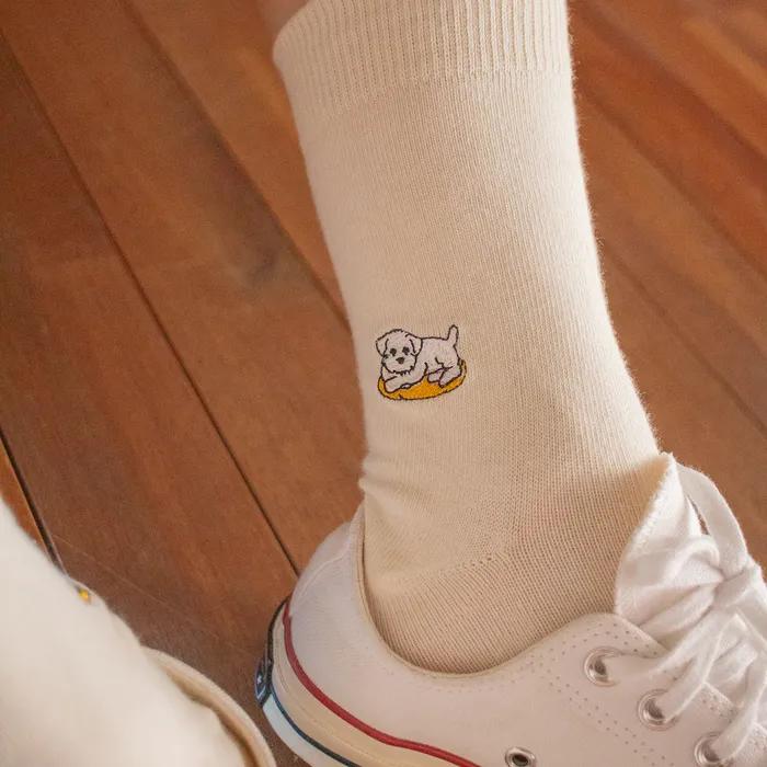Maltese puppy embroidered socks - beige