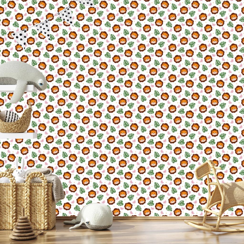 Lions Wallpaper White, Orange and Green for Living Room and Bedroom 50x1000