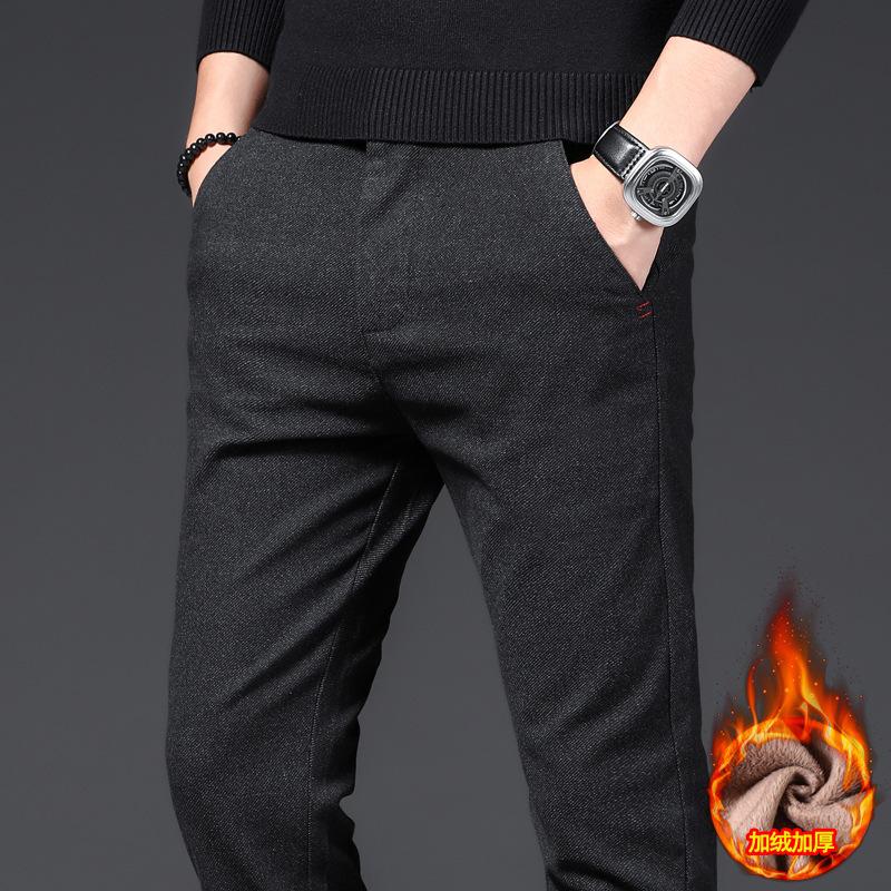 New Velvet Thickened Thermal Casual Pants Men's Straight Slim-fitting Cotton and Linen Polished Elastic Waist Men's Pants