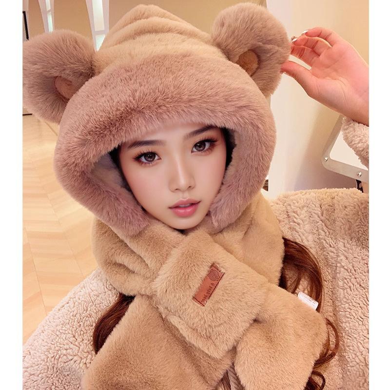 Cute Bear Hat Gloves Three In One Scarf Plush Hat for Women In Winter Riding Easy Outdoor High End Warm Hat