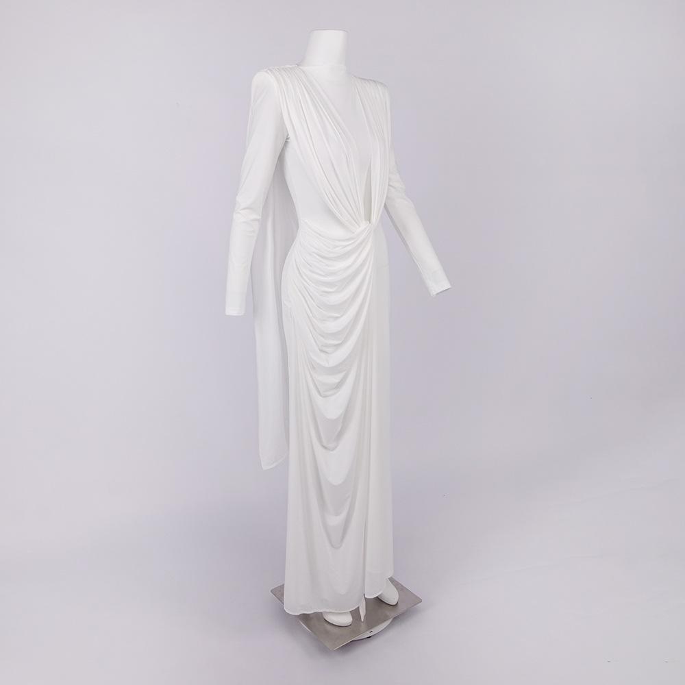 White High-Neck Long-Sleeve Formal Dress with Artistic Chest Decoration