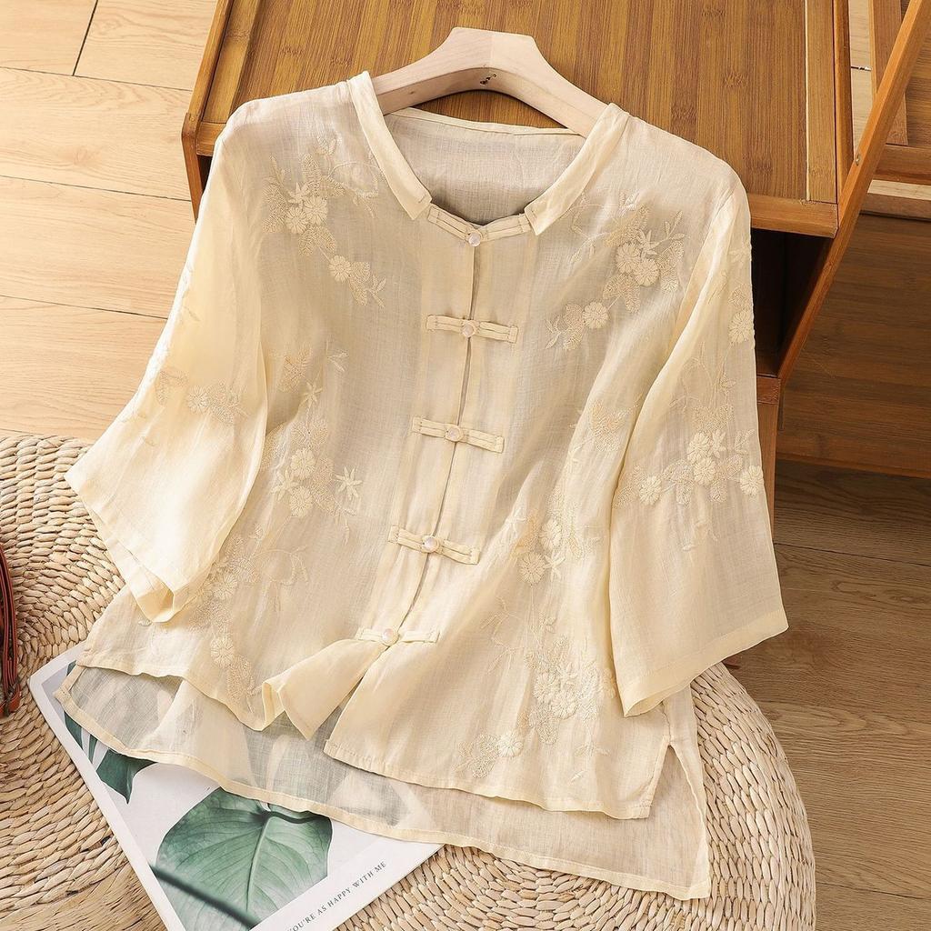 Retro Button Cotton and Linen Shirt Women's Summer New Temperament Embroidered Cotton and Linen Top Medium Sleeve Tea Clothes Shirt