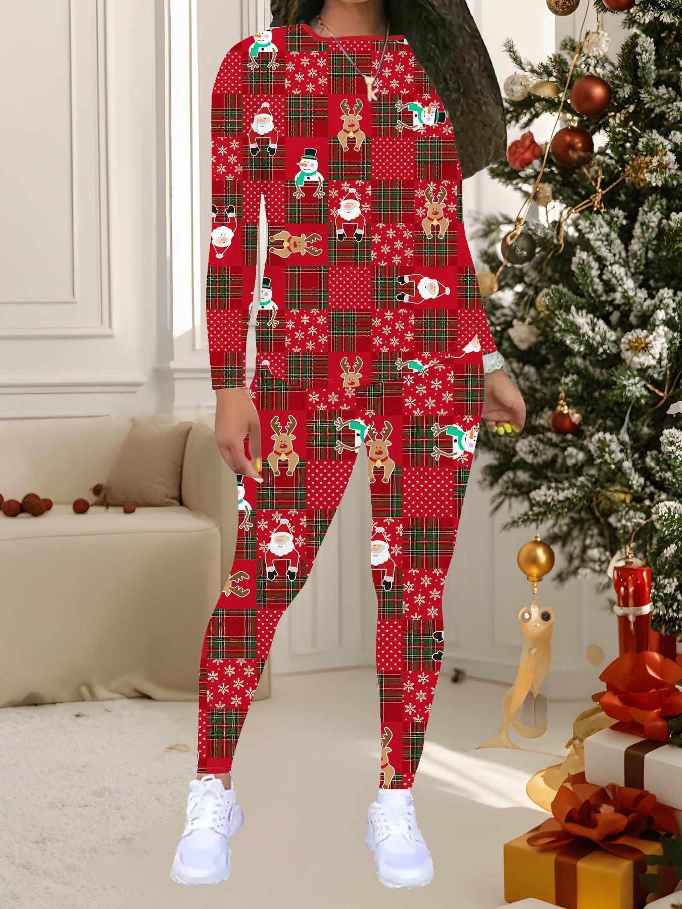 

Женский рождественский костюм-двойка с принтом: Топ с длинным рукавом и круглым вырезом и брюки, праздничный лимитированный повседневный костюм для вечеринки в подарок XXL зелёный