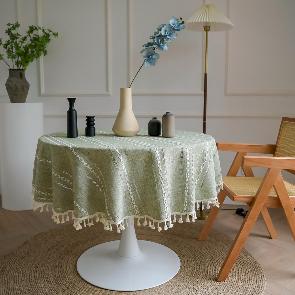 Cotton Linen Round Tassels Tablecloth, Embroidery Dust-Proof Table Cover,For Dinner Party Wedding Coffee Table Kitchen Decor