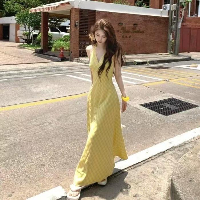 Yellow plaid V-neck neck sling dress women s summer dopamine beautiful slim fit gentle vacation style dress S