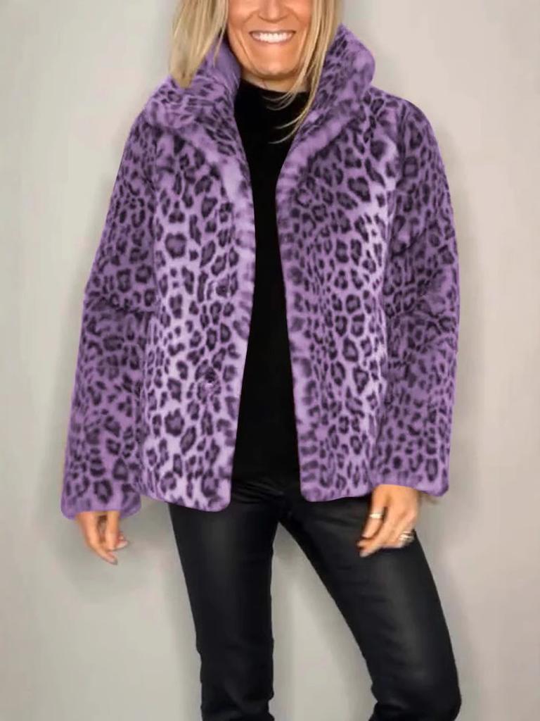 2025 Autumn and Winter Independent Station Fashion Leopard Print Lapel Faux Fur Woolen Women's Coat
