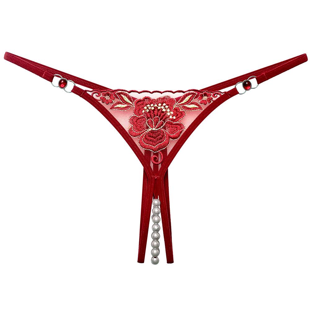 Temptation Rhinestone Beaded Thong - Women's See-Through Embroidered Open Crotch Sexy Panties 2270