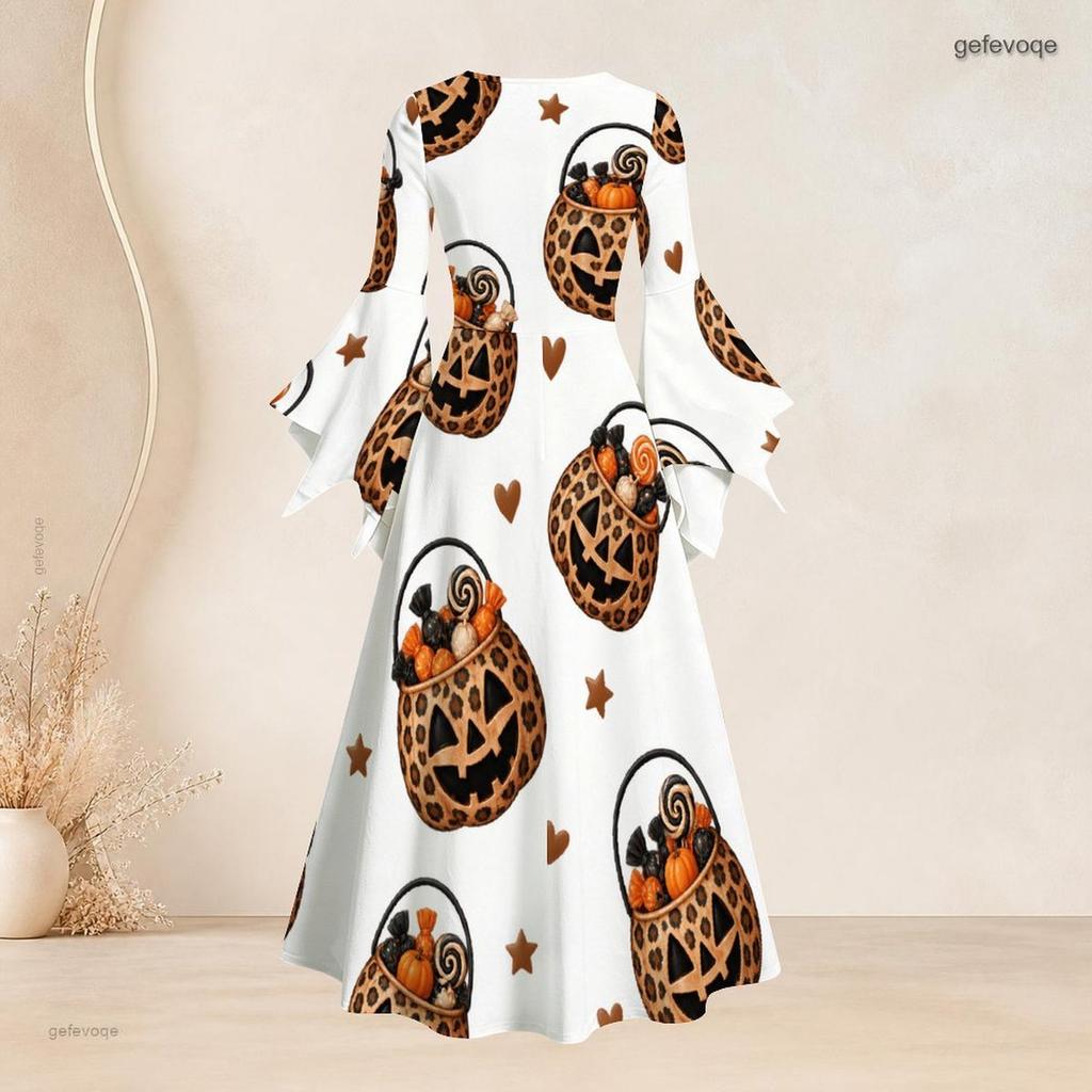 Women Plus Size Round Neck Bell Sleeve Leopard Sport Ball Print White Maxi Dress