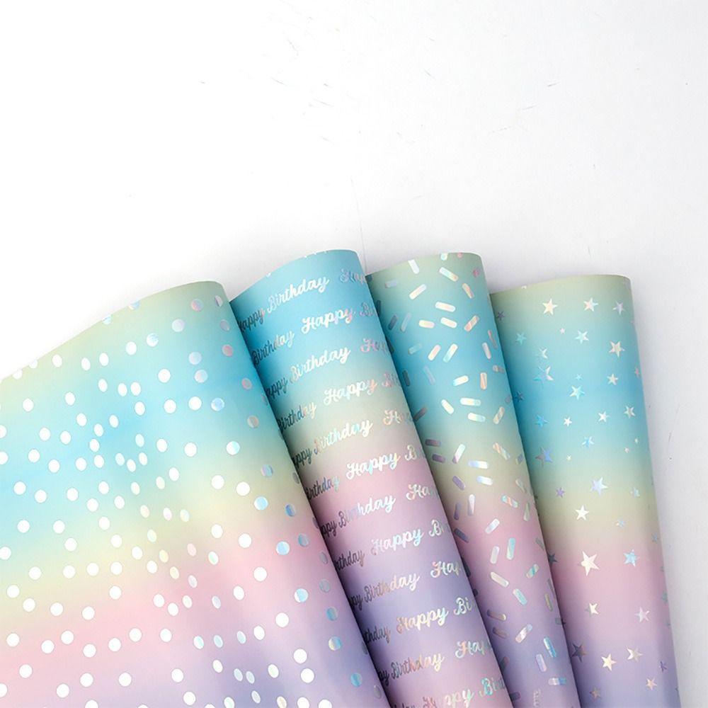 Colorful Gift Wrapping Paper Shimmery Star Dots Happy Birthday Iridescent Holographic Paper Roll Format DIY Wrapping Paper