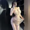 Sexy Hot Butterfly Embroidery Mesh Dress with Sheer Deep V Split and Strappy Cheongsam Babydoll - Women's Lingerie