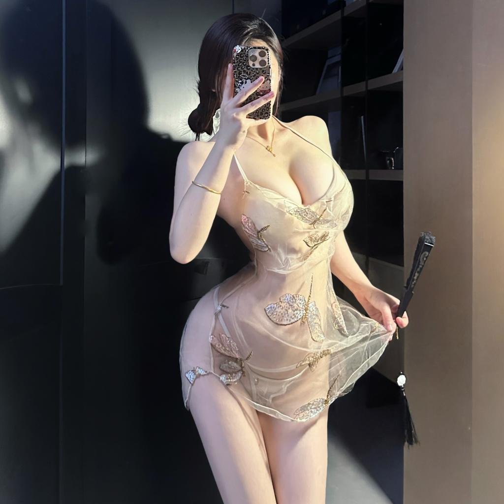 Sexy Hot Butterfly Embroidery Mesh Dress with Sheer Deep V Split and Strappy Cheongsam Babydoll - Women's Lingerie