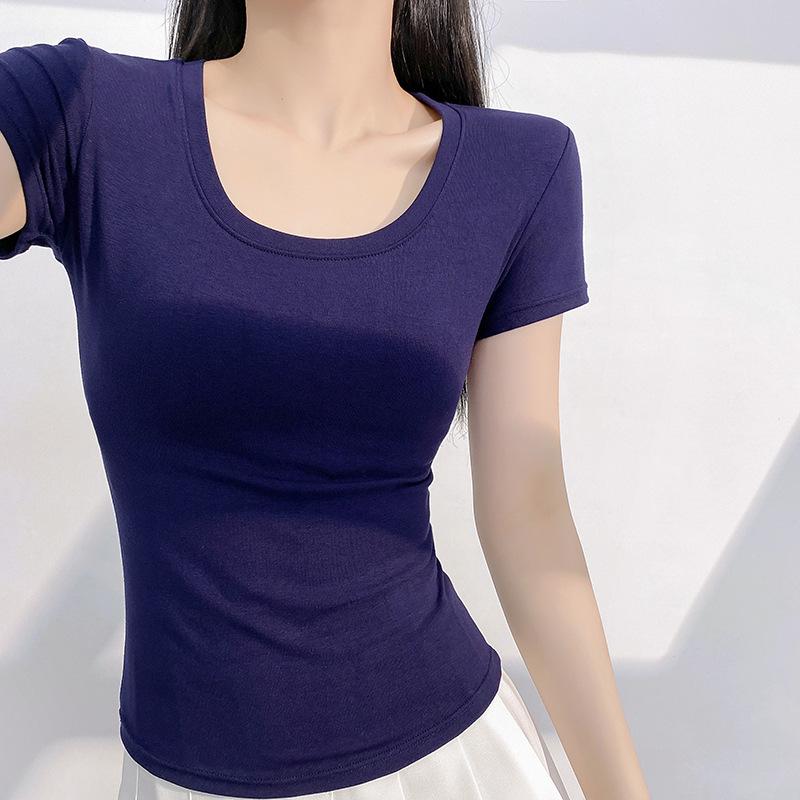 Women's Summer Slim Fit Pink U-Neck T-Shirt - Versatile & Stylish Short Sleeve Top