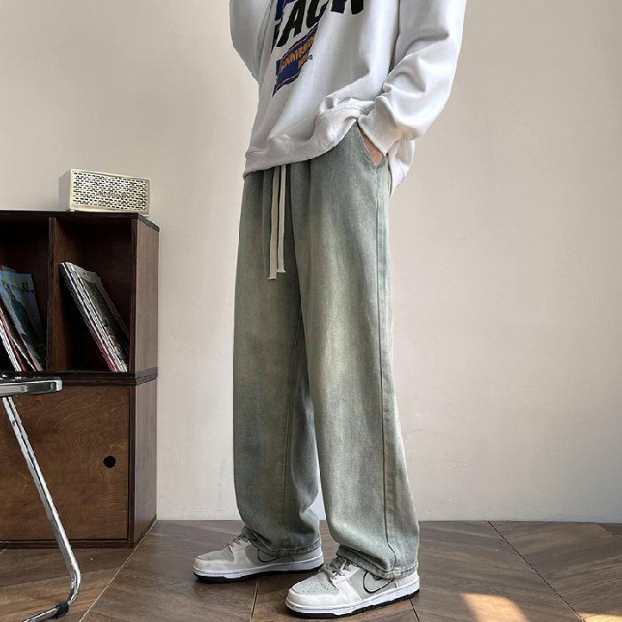 

Джинсы в стиле ретро в американском стиле High Street в гонконгском стиле, мужские свободные прямые широкие брюки, эластичные брюки на шнуровке XXXL