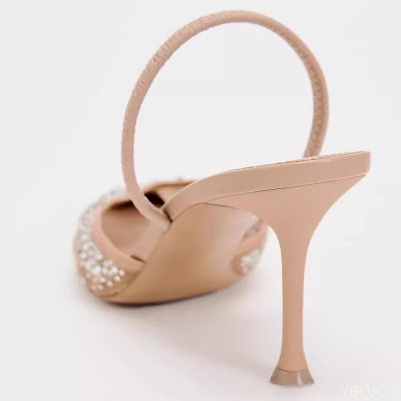 Fashion Women's Summer Sandals New Rhinestone Bright Mesh High Heels Footwear Elegant Slingback Pointed Slip on Party Lady Pumps Shoes