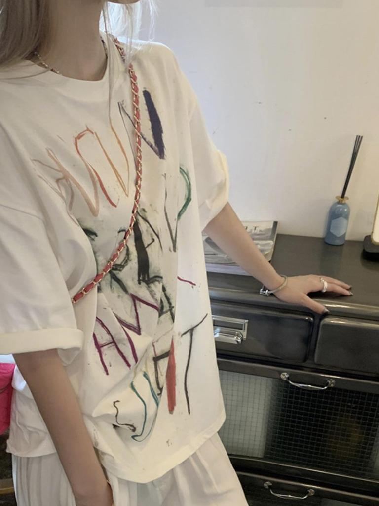 Plus Size Women's Summer Retro Letter Graffiti Short Sleeve Oversized T-Shirt