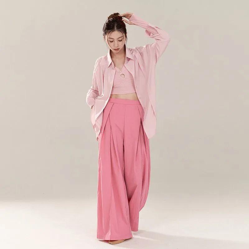 Womens Summer Pink High Waist Pleated Wide Leg Casual Pants S розовый
