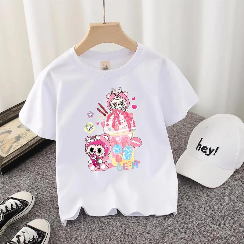 Dětské tričko Roztomilé Anime Labubu 3D potisk Trička Krátký rukáv Kawaii Růžové Kreslené oblečení Dárek k narozeninové oslavě