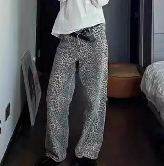 

Американские ретро джинсы широкие штанины с леопардовым принтом с эффектом потертости: Хип-хоп уличный стиль XXL - 645g