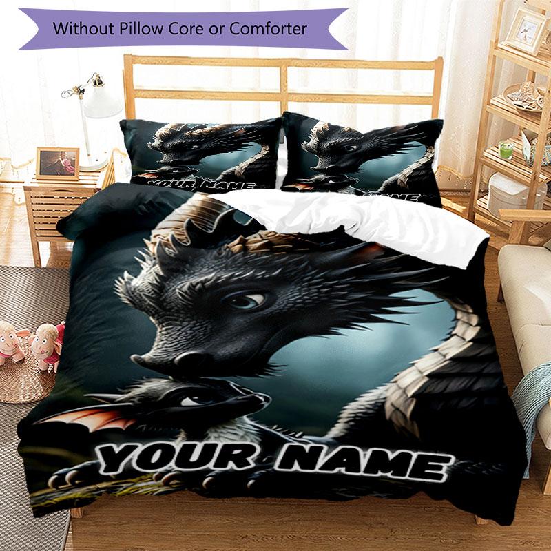 3PC Custom Name Dragon Moment Bedding Set Duvet Cover Closure Includes 1 Duvet Cover & 2 Pillowcases for Bedroom