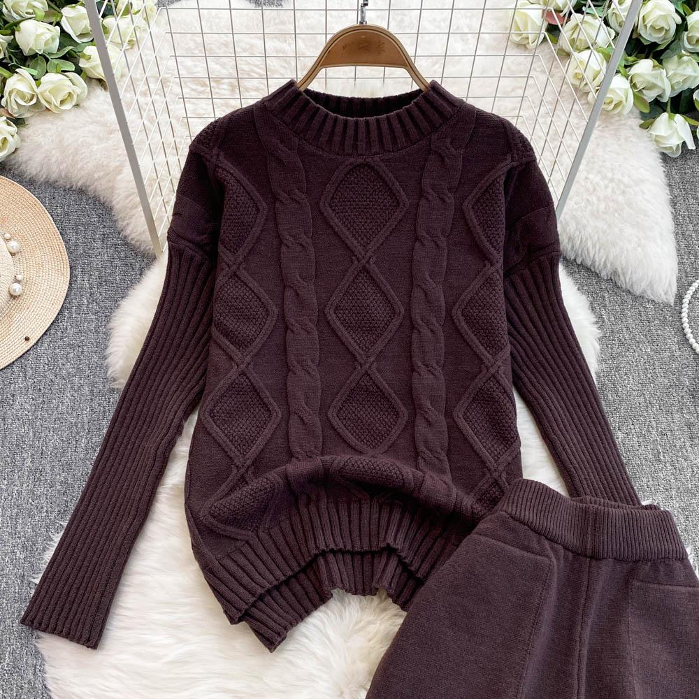 New Loose Knit Fried Dough Twists Sweater Suit Women's Winter High Waist Slim Straight Wide Leg Pants Two-piece Set
