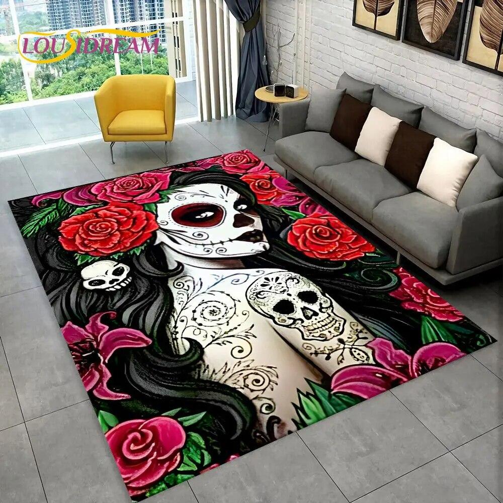 3D Gothic Horror Female Skull Dead Girl Area Rug,Carpet Rug for Home Living Room Bedroom Sofa Doormat Decor,Non-slip Floor Mat