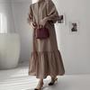 Women's Button Up Kaftan Oversized Dress Solid Color Casual 3/4 Sleeve Flounce Hem Long Dress
