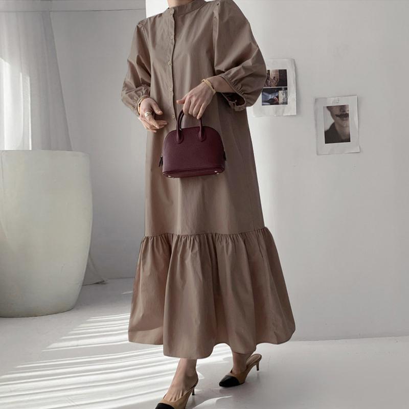 Women's Button Up Kaftan Oversized Dress Solid Color Casual 3/4 Sleeve Flounce Hem Long Dress