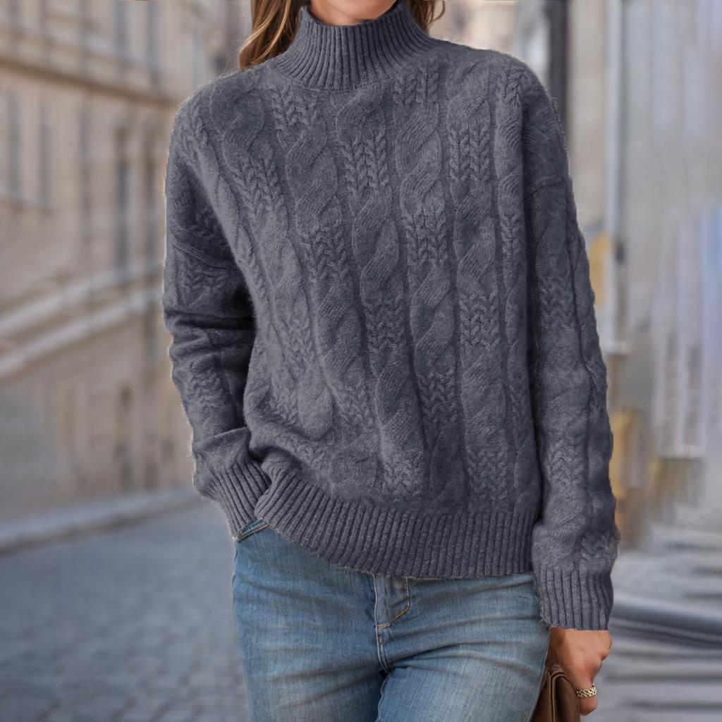 Damen Retro Zopfmusterpullover - 2024 Herbst/Winter, Verdickt, Halber Rollkragen, Unifarben.