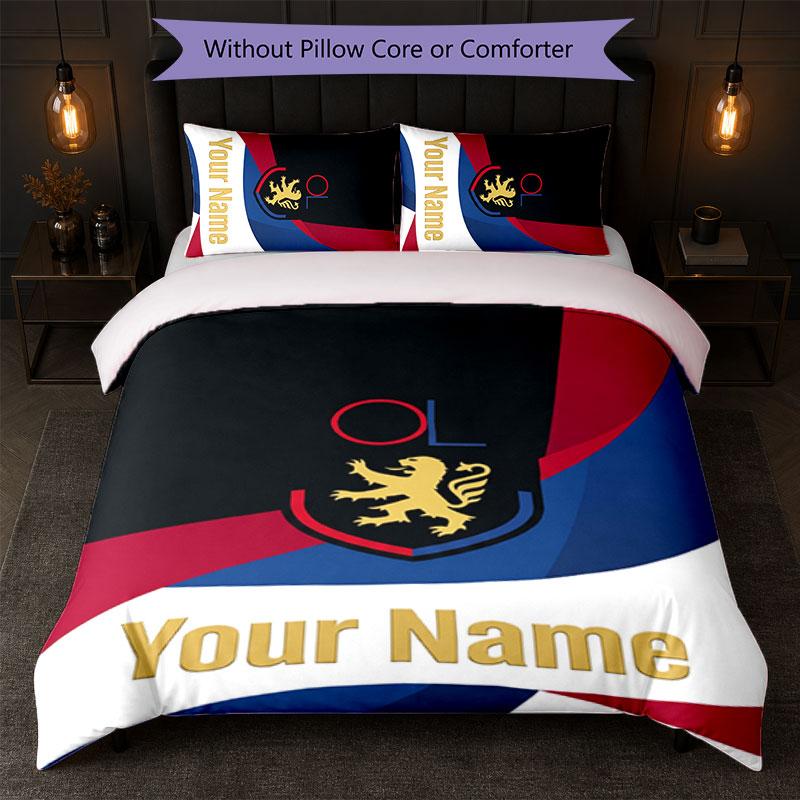 Lyon FC Custom Name Text Bedding Set 1 Duvet Cover+2 Pillowcases Soccer Logo Personalized Gift For Special Occasion Bedroom Decor