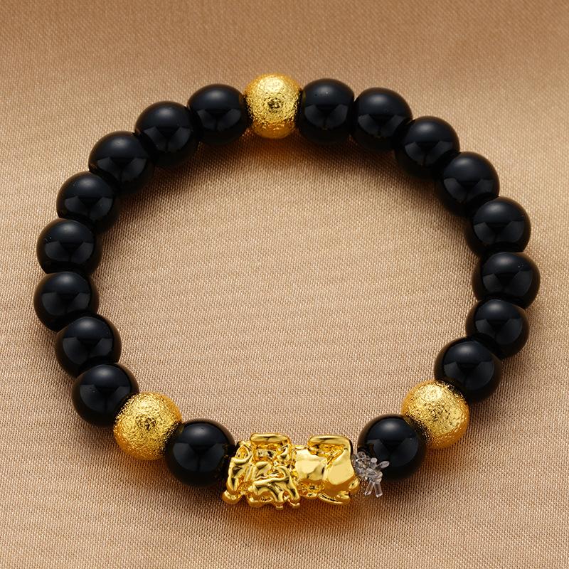 Black and Red Agate Couple's Pixiu Bracelet Sand Gold Bracelet Gold-plated Hand Jewelry Beads for Men and Women