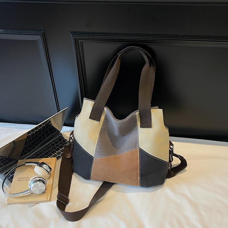 Simple and Fashionable Women's Bags Contrasting Color Canvas Bags Women's Large-capacity Retro Contrasting Color Splicing Cloth Bags New Shoulde