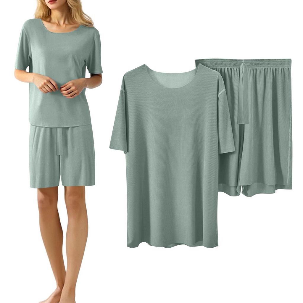 Women's Casual Pajama Set Solid Color Short Sleeve Shorts Pants Two Pieces