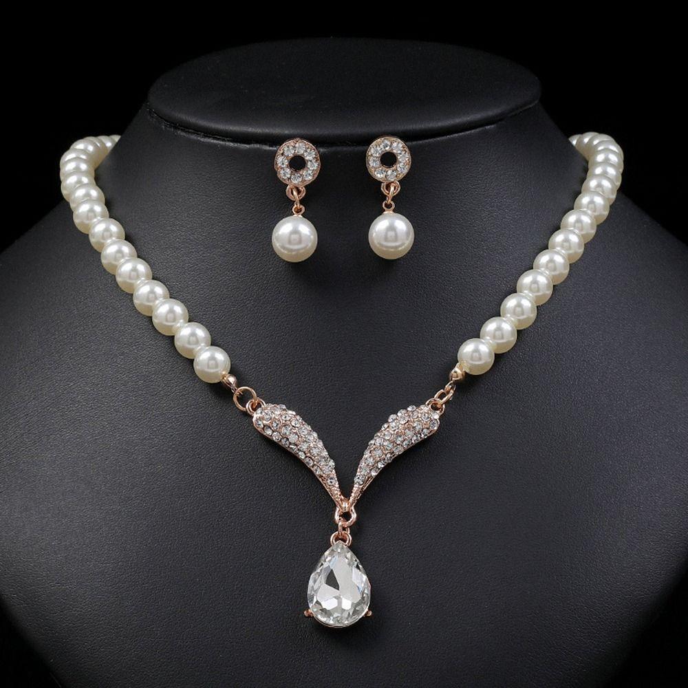 Korean Style Women Necklace Dangle Earrings Water Drop Earrings Bridal Wedding Jewelry Set