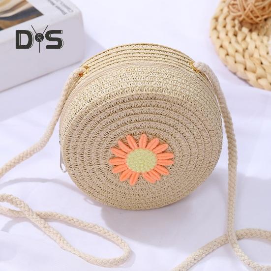 Umhängetasche für Kinder, Stroh, gewebtes Blumendekor, Umhängetasche im pastoralen Stil, Reißverschluss, verstellbarer Riemen, Schultertasche für den Alltag, Party, Arbeit, Dating