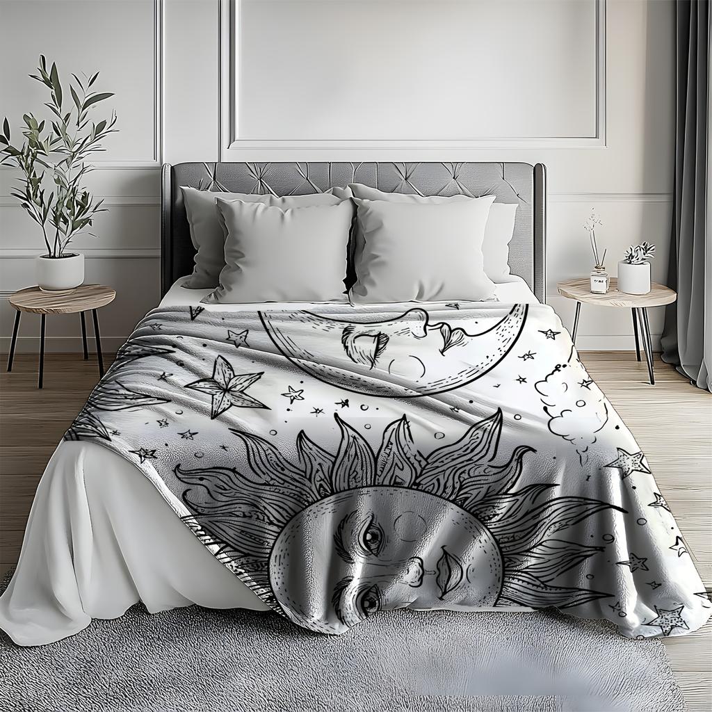 1pc Vintage Sun and Moon Star Blanket, Polyester Fabric, Machine Washable, Suitable for Bedroom Living Room Use