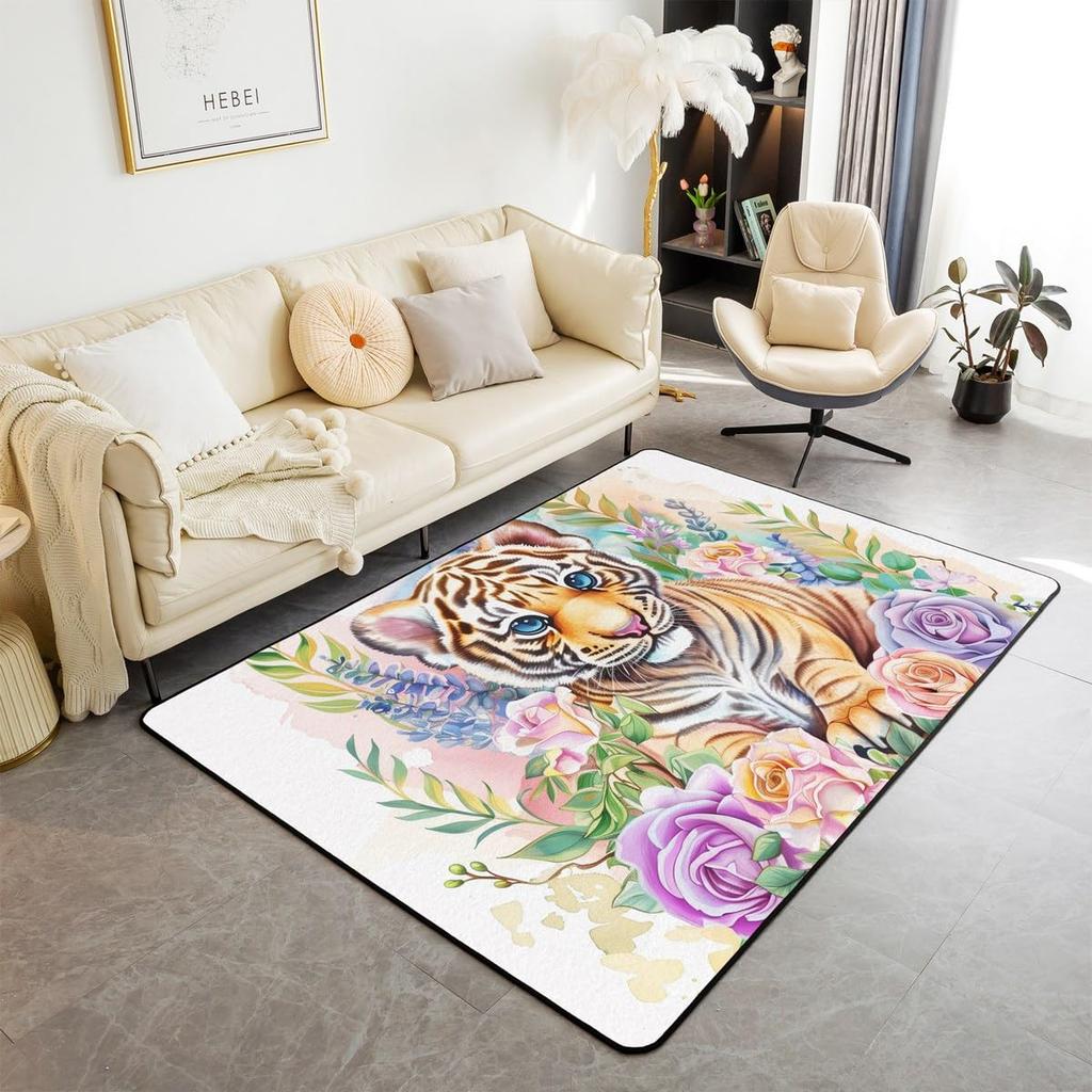 Japanese Ukiyo-e Tiger & Ocean Wave Print Area Rug, Bold Non-Slip Floor Mat for Living Room Bedroom Home Decor Carpet