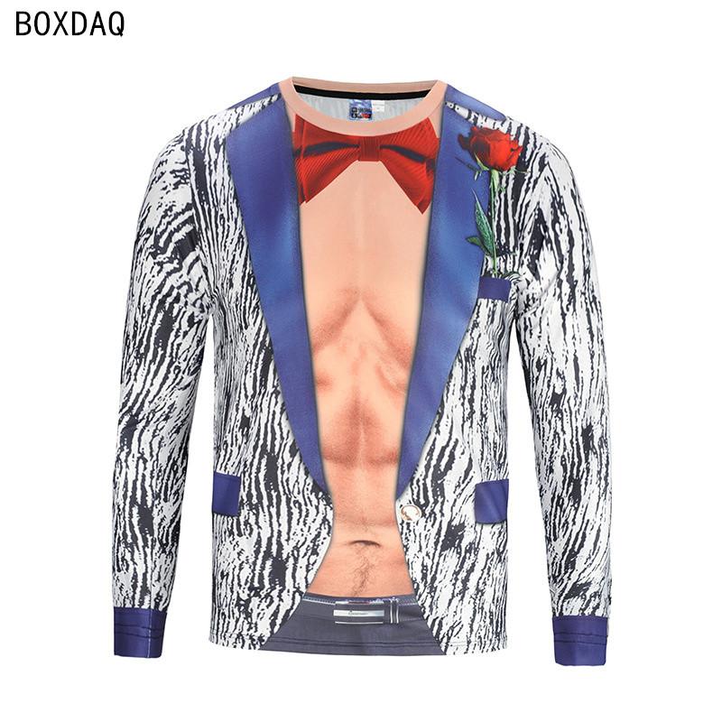 Men Fake Two-piece T-Shirts 3D Bow Tie Print Casual T Shirts Autumn Long Sleeve O-Neck Loose Cotton Tops Male Fake Suit Tshirt