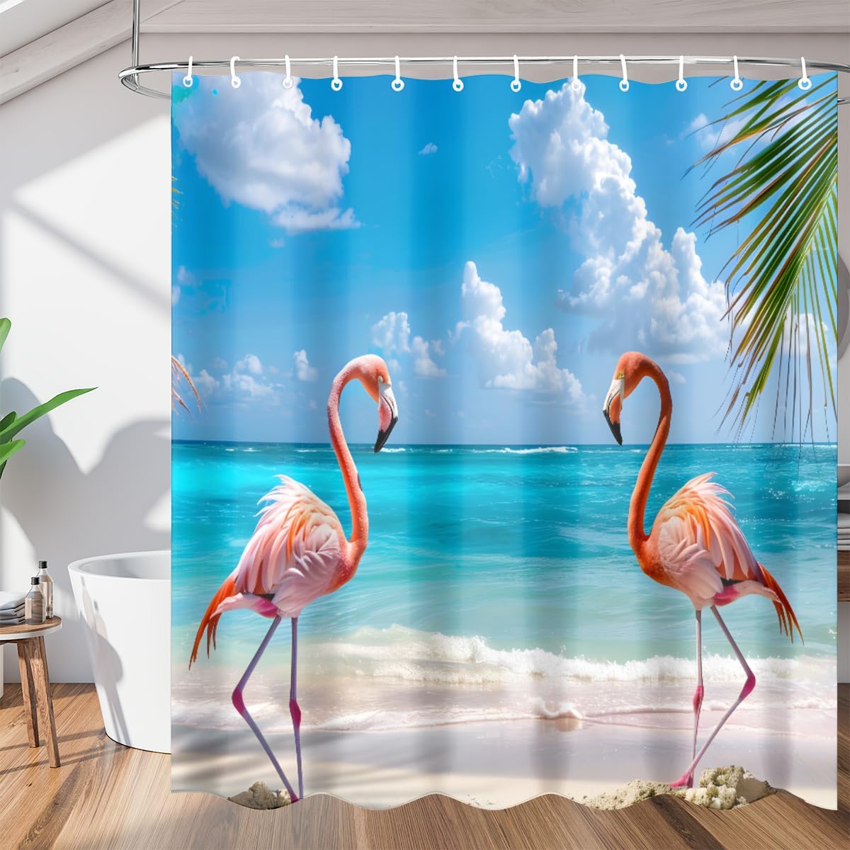 

Pardick Shower Curtain, Beach Flamingo Waterproof Shower Curtain Set with 12 Hooks, Polyester Fabric Shower Curtains for Bathroo 90x180cm