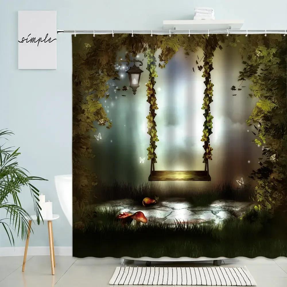 Cartoon Fantasy Forest Scenery Shower Curtain Fairy Tale Mushroom Plant Flower Child Bathroom Decor With Hook Waterproof Screen