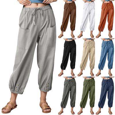 Damen Modische Einfarbige Leinen Baumwolle Taschen Leggings Elastische Freizeithose