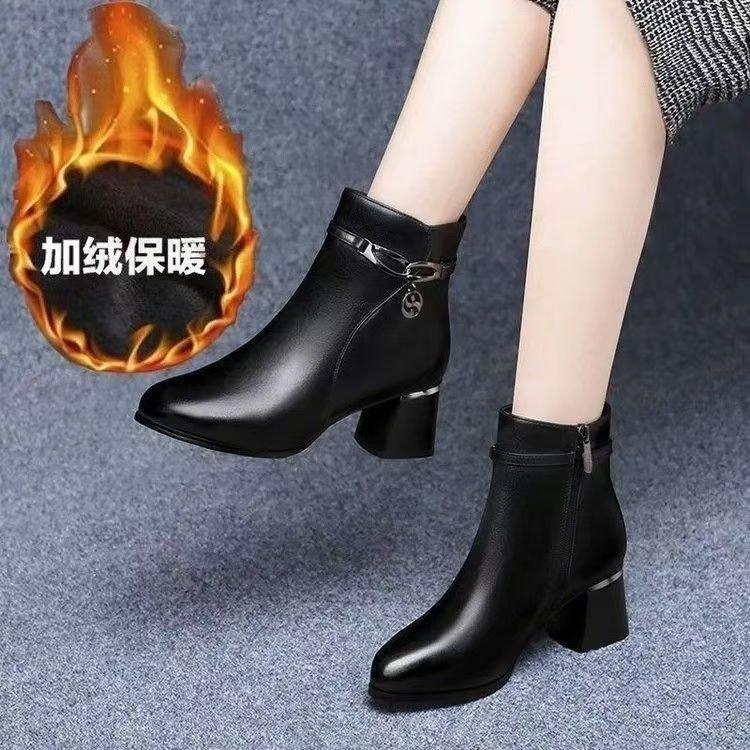 Martin Boots New Autumn and Winter Thick Heel Medium Heel Shoes Short Boots High Heel Single Boots Winter Velvet