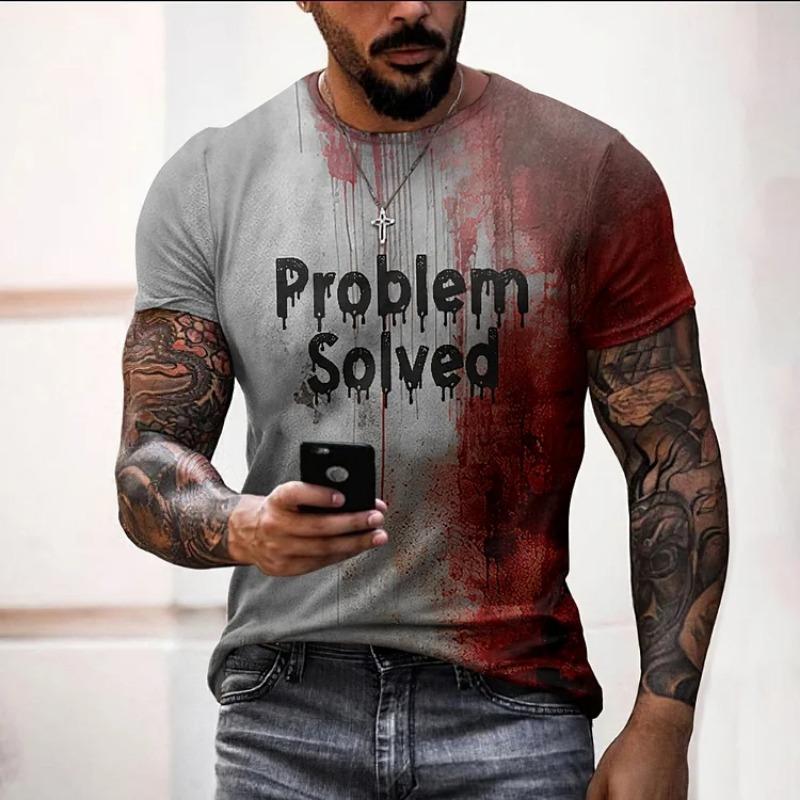 Halloween Problem Solved Bloody Graphic Men's T-Shirt For Men Clothing Short Sleeve Crew Neck Men Tops Horrible Tee Shirt Top
