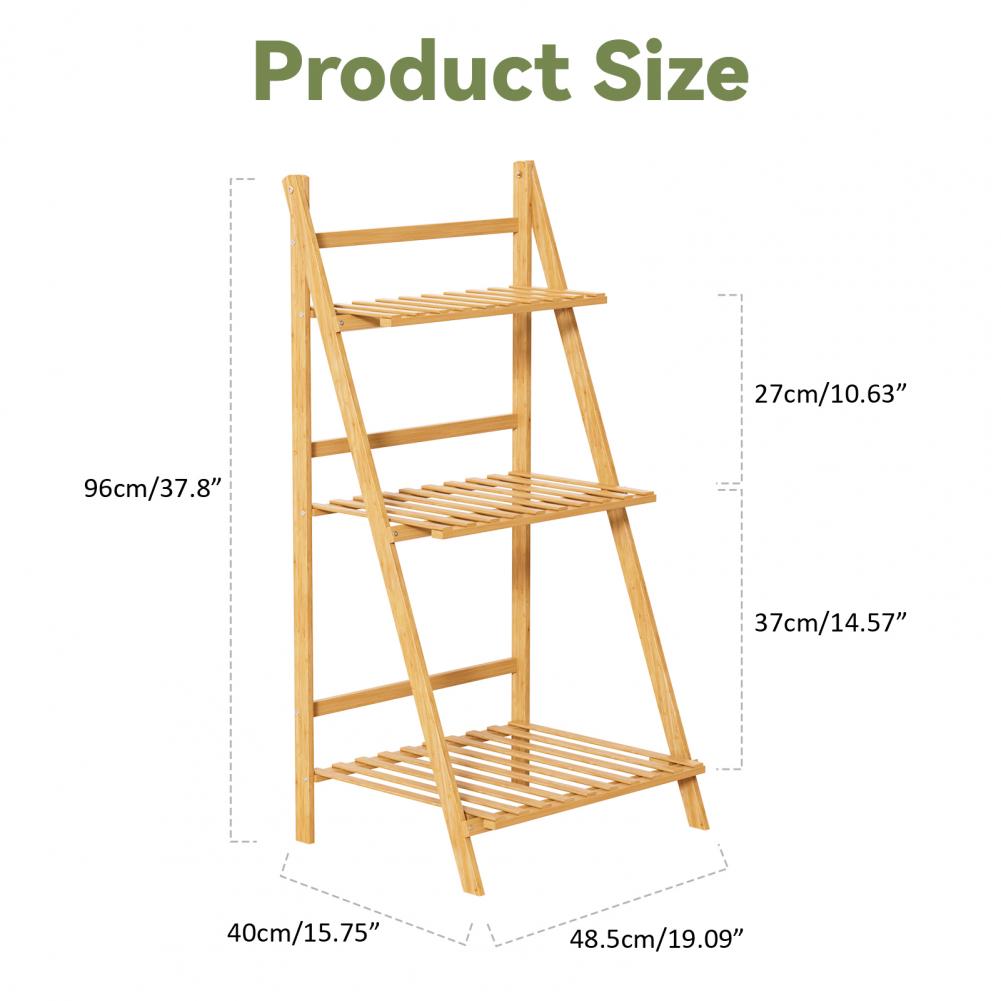 Natural Bamboo 3-Tier Ladder Plant Shelf Foldable Display Rack Sturdy Space Saving for Indoor Outdoor Balcony Flower Pot Decor
