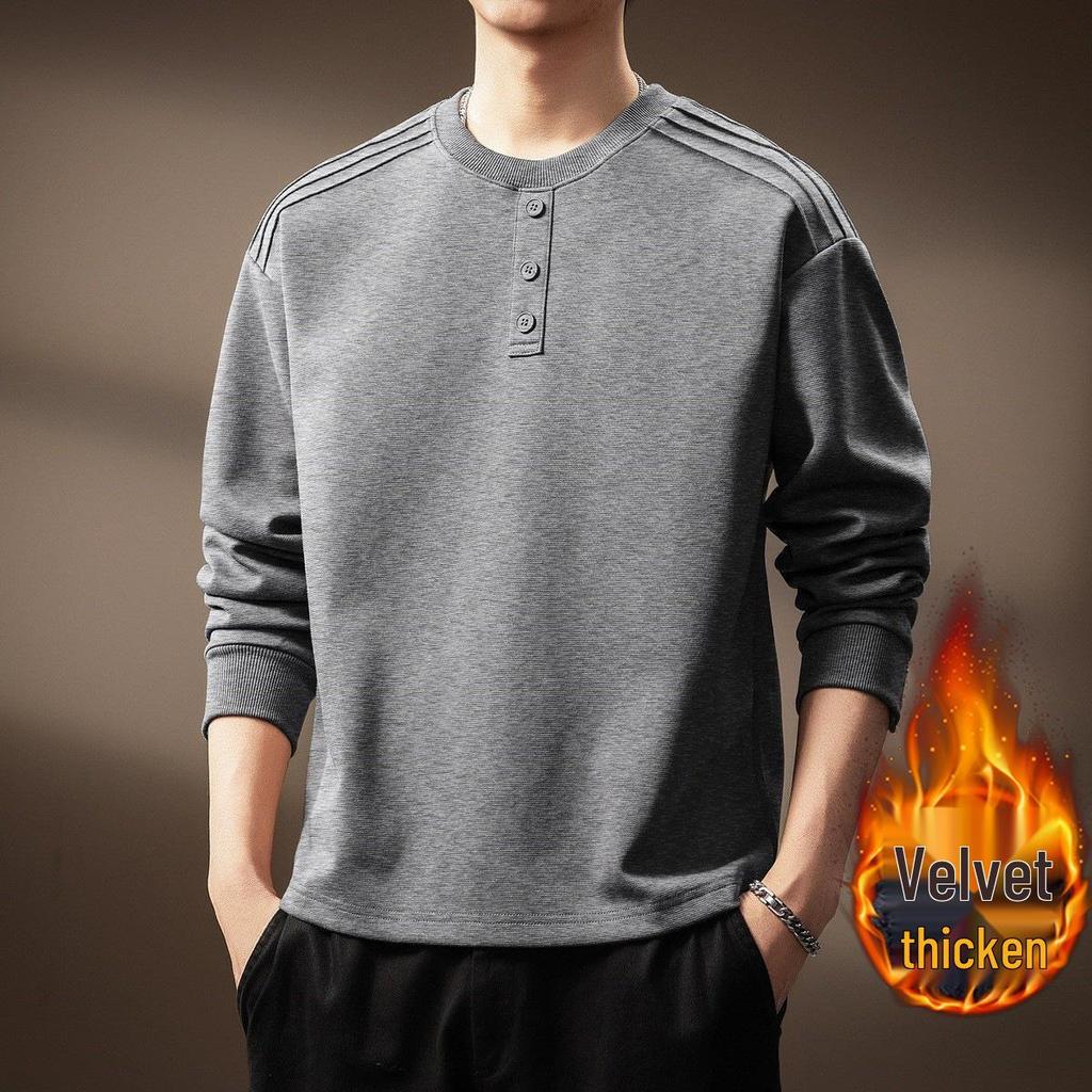 Luxury 300g Heavyweight Men's Henley Collar Pleated Hoodie - Autumn American Trend T-Shirt with Long Sleeves