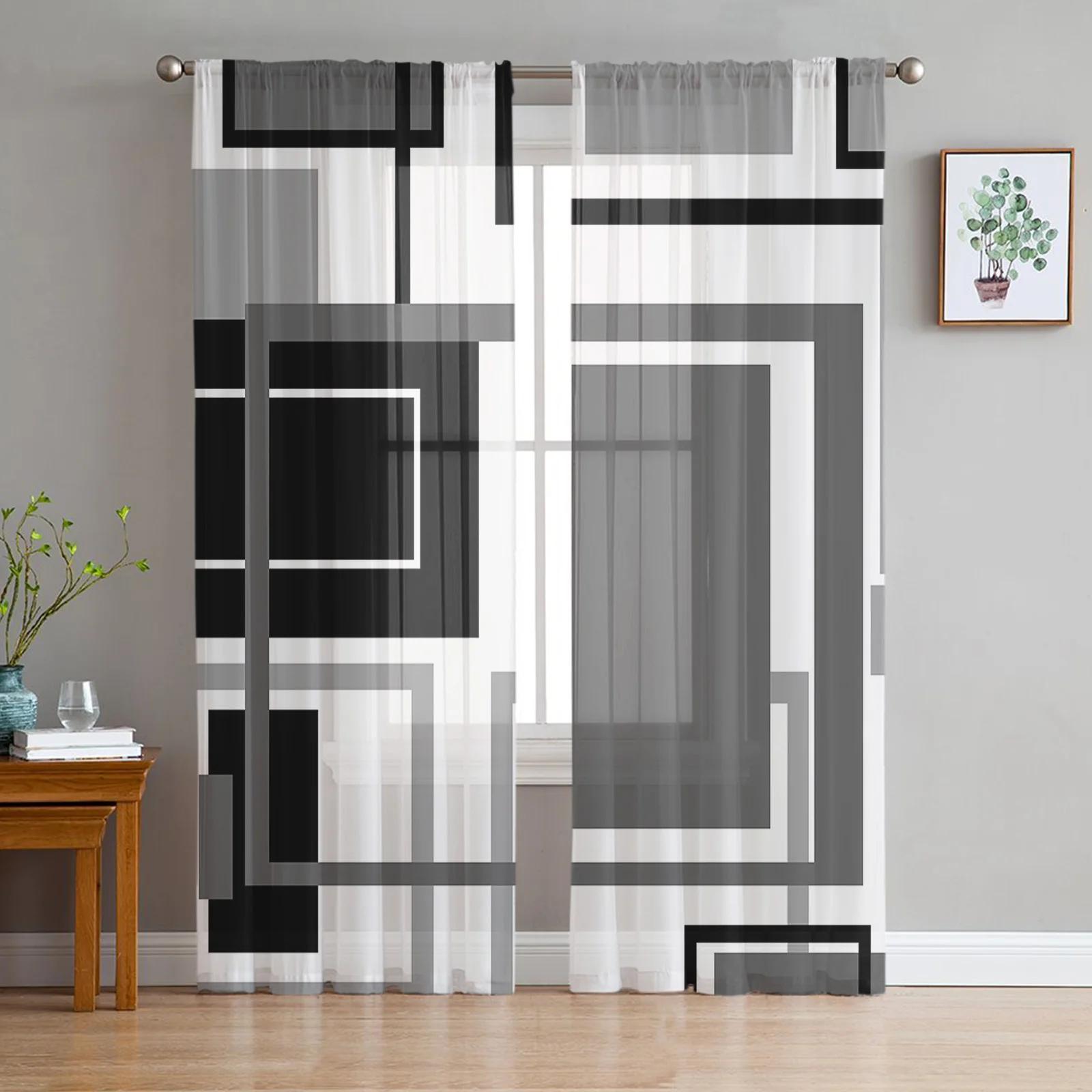 

Abstract Geometry Square Modern Art Black Blue Translucent Drapes Living Room Decoration Window Opening Drape Kitchen Area Tulle Voile Curtains W135 x H115cm x1&Rod Pocket