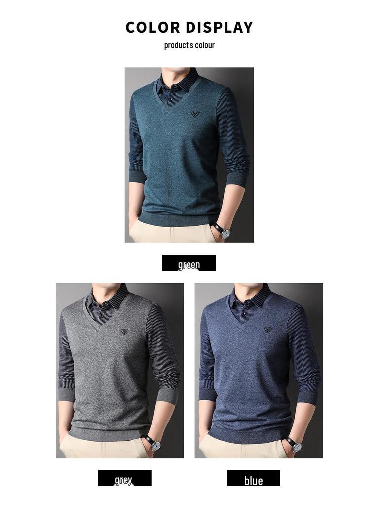 Herren Fleecegefüttertes Zweiteiliges Gestreiftes Revers T-Shirt für Herbst & Winter